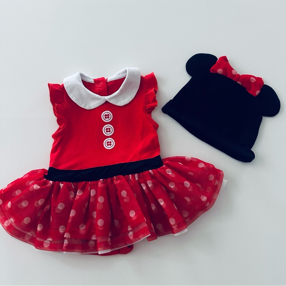 Disney Minnie Mouse 12-18 Months Baby Girl Bodysuit Dress Ears Hat Set Outfit